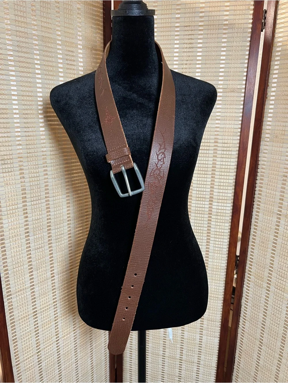 Vintage Leather Tribal Cross Laser Etched Belt Size 36 Made in USA Brown Y2K
